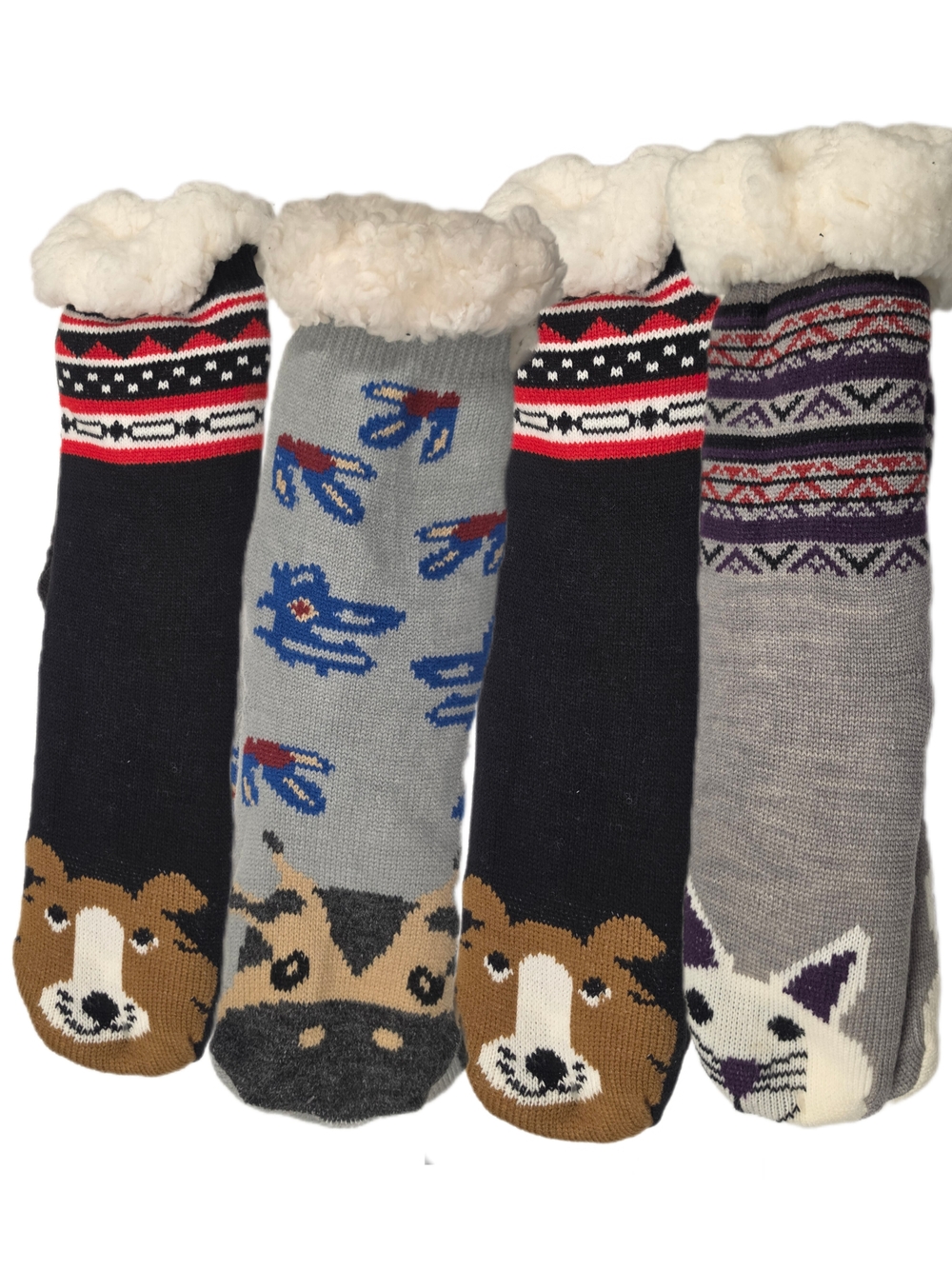 Cozy Sherpa-Lined Animal Non Slip1Slipper Socks — Black, Gray, Cream